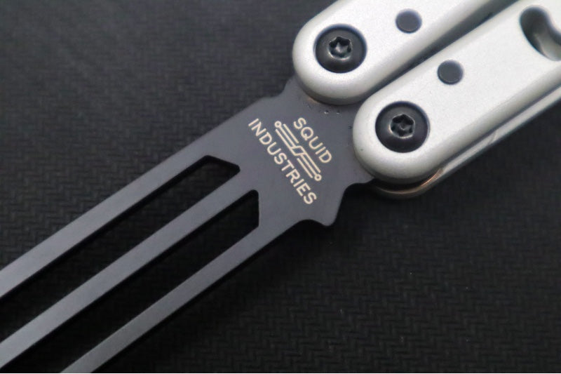 Squid Industries Mako V4.5 Balisong Trainer - Silver Anodized Aluminum Handle / DLC "Inked" Finished Stainless Steel Blade / Phosphorus Bronze Washers