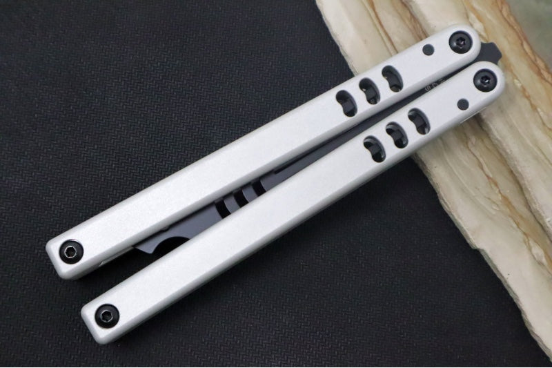 Squid Industries Mako V4.5 Balisong Trainer - Silver Anodized Aluminum Handle / DLC "Inked" Finished Stainless Steel Blade / Phosphorus Bronze Washers