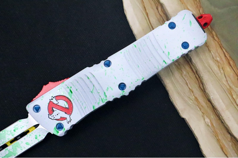 Microtech Combat Troodon OTF GITD Ghost Busters - White Aluminum Handle & Green Slime / Dagger Blade 142-1GBS