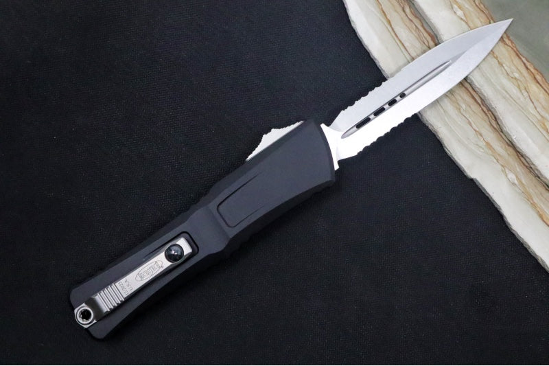 Microtech Combat Troodon OTF Gen III - Stonewash Finish / Dagger Blade with Partial Serrate / Black Handle - 1142-11