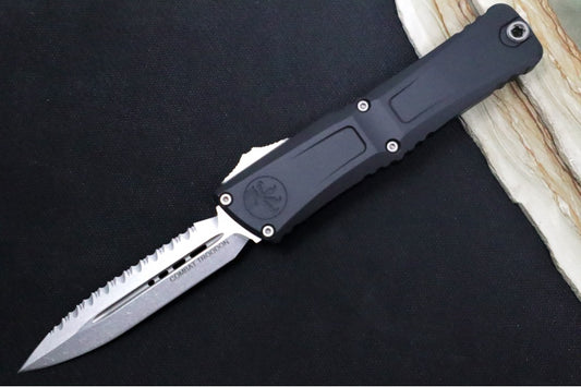 Microtech Combat Troodon OTF Gen III - Stonewash Finish / Dagger Blade with Full Serrate / Black Handle - 1142-12