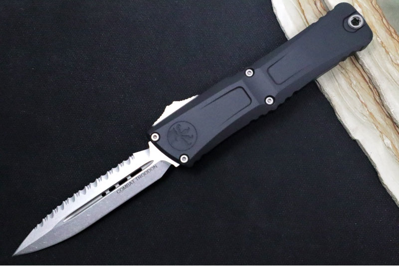 Microtech Combat Troodon OTF Gen III - Stonewash Finish / Dagger Blade with Full Serrate / Black Handle - 1142-12 - Northwest Knives