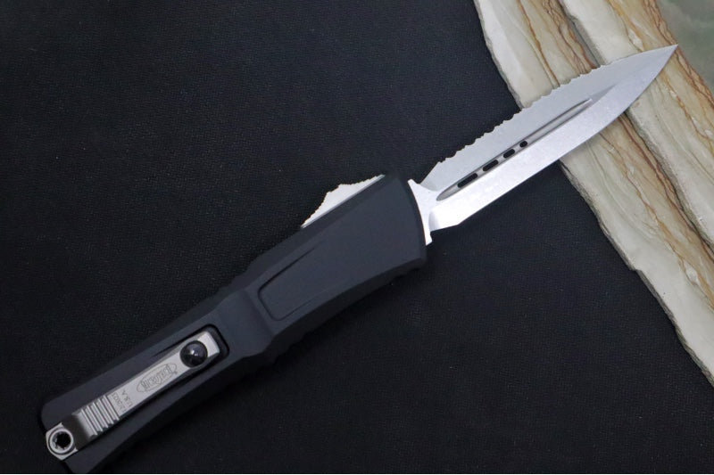 Microtech Combat Troodon OTF Gen III - Stonewash Finish / Dagger Blade with Full Serrate / Black Handle - 1142-12