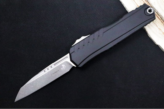 Microtech Cypher II OTF Prototype - Single Edge Blade / Apocalyptic Finish / Black Aluminum Handle- 1241-10APSPR