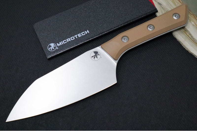 Microtech Santoku Knife - M390MK Steel / Stonewashed Finish / Coyote Tan G-10 Handle 3200-10CE