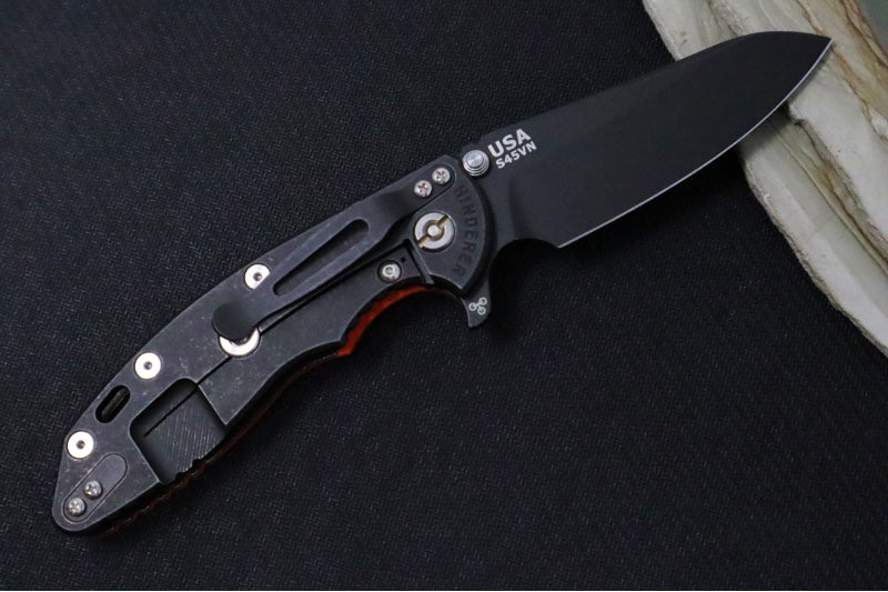 Rick Hinderer Knives XM-18 - Tri Way Pivot- 3.5" Sheepsfoot Blade / Battle Black Finish / Orange G-10 Handle / Battle Black Finished Frame / CPM-S45VN Steel