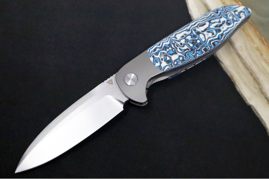 Jim Skelton Knives Caladan V2 - Blue/White Carbon Fiber & Titanium Handle / Satin Flats / Drop Point Blade / CPM-S90V Steel