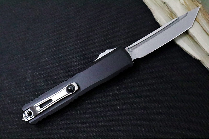 Microtech Ultratech Gen IV OTF - Stonewashed Finish / Tanto Blade / Black Anodized Aluminum Handle 11234-10