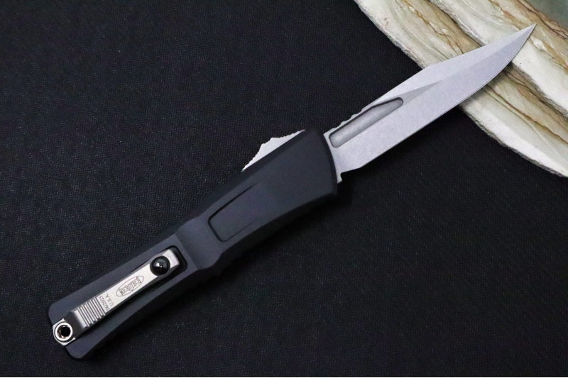 Microtech Combat Troodon OTF Gen III - Stonewashed Finish / Bowie Blade / Black Anodized Aluminum Handle - 1146-10 - Northwest Knives