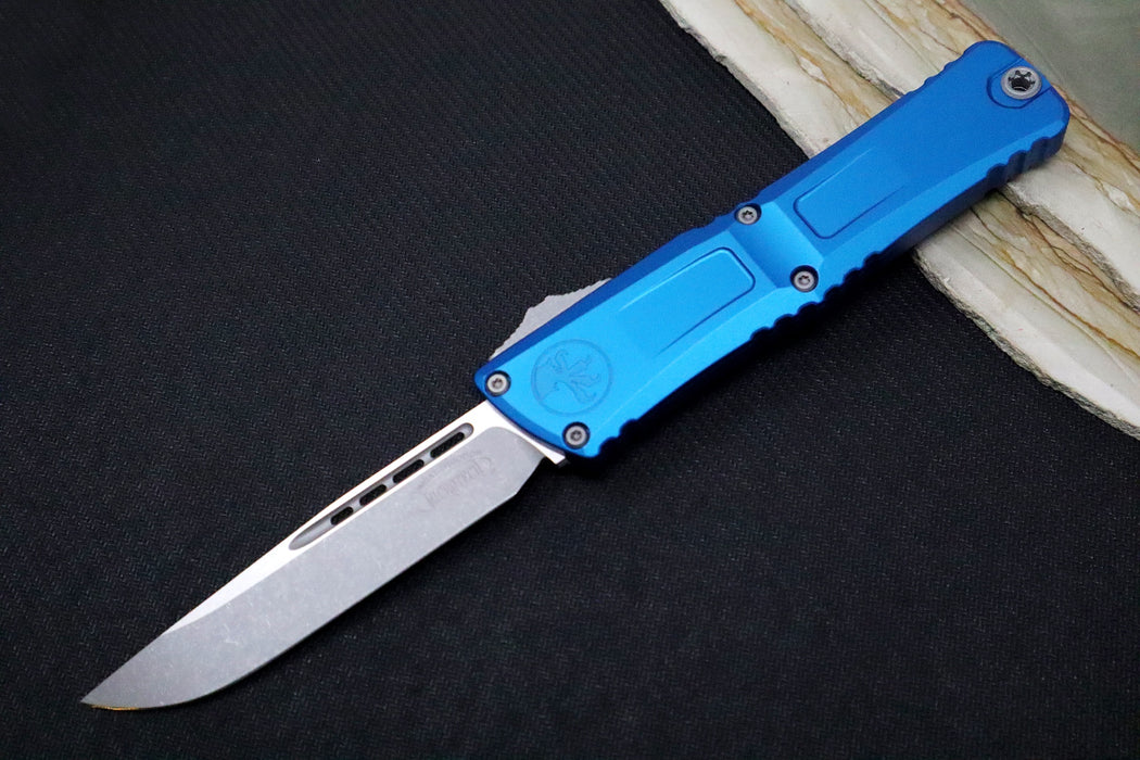 Microtech Combat Troodon OTF Gen III - Apocalyptic Finish / Drop Point Blade / Blue Anodized Aluminum Handle - 1143-10APBL
