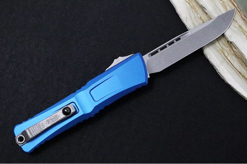 Microtech Combat Troodon OTF Gen III - Apocalyptic Finish / Drop Point Blade / Blue Anodized Aluminum Handle - 1143-10APBL