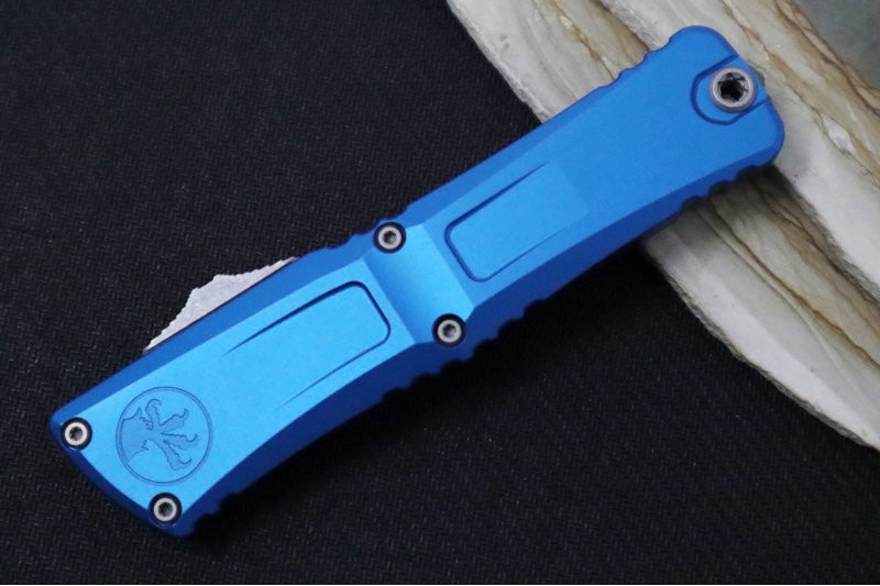 Microtech Combat Troodon OTF Gen III - Apocalyptic Finish / Drop Point Blade / Blue Anodized Aluminum Handle - 1143-10APBL - Northwest Knives
