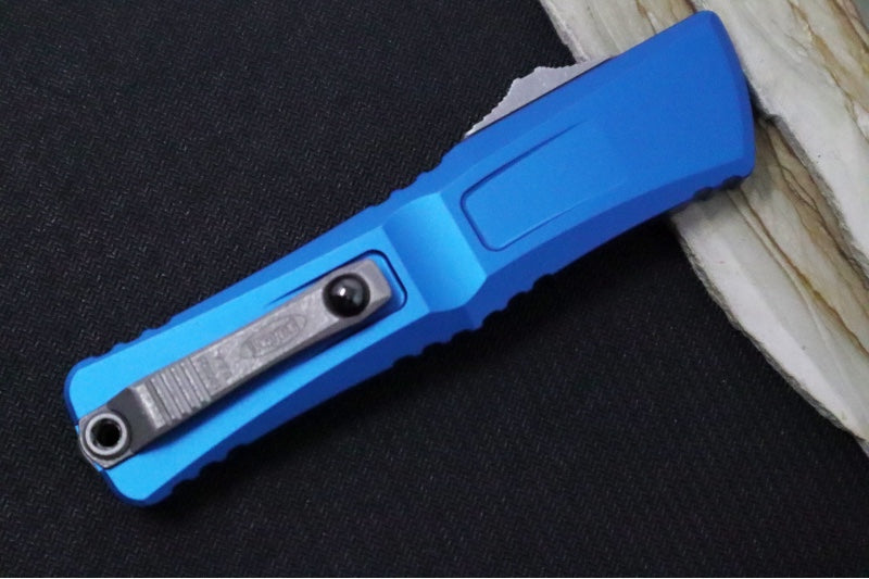 Microtech Combat Troodon OTF Gen III - Apocalyptic Finish / Drop Point Blade / Blue Anodized Aluminum Handle - 1143-10APBL - Northwest Knives