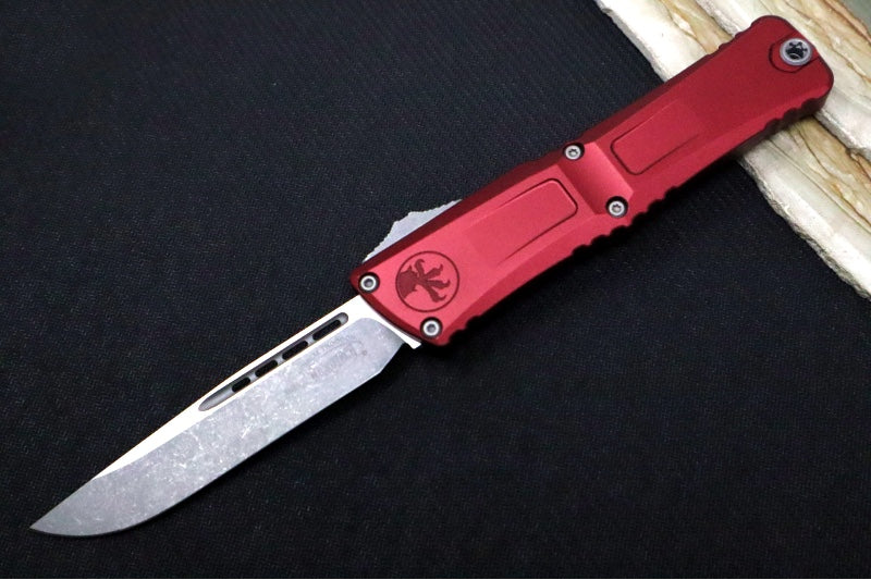Microtech Combat Troodon OTF Gen III - Apocalyptic Finish / Drop Point Blade / Merlot Anodized Aluminum Handle - 1143-10APMR - Northwest Knives