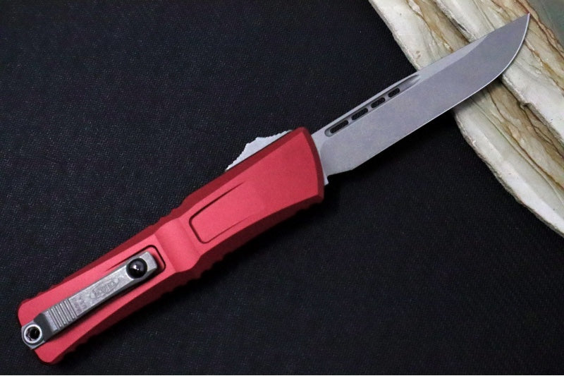 Microtech Combat Troodon OTF Gen III - Apocalyptic Finish / Drop Point Blade / Merlot Anodized Aluminum Handle - 1143-10APMR