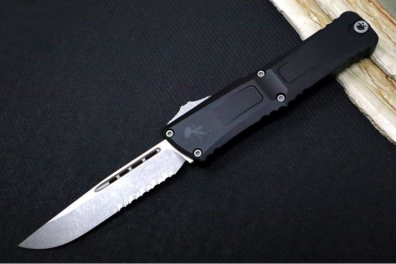 Microtech Combat Troodon OTF Gen III - Apocalyptic Finish / Partial Serrated Drop Point Blade / Black Anodized Aluminum Handle - 1143-11AP - Northwest Knives