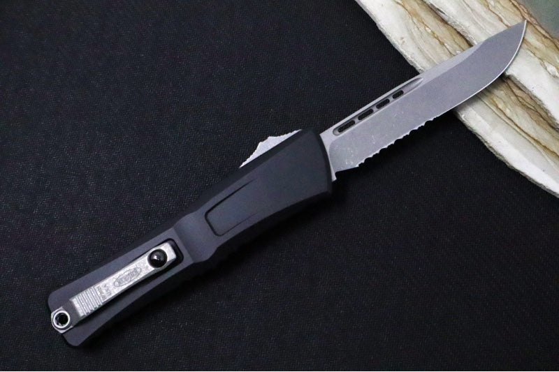 Microtech Combat Troodon OTF Gen III - Apocalyptic Finish / Partial Serrated Drop Point Blade / Black Anodized Aluminum Handle - 1143-11AP - Northwest Knives