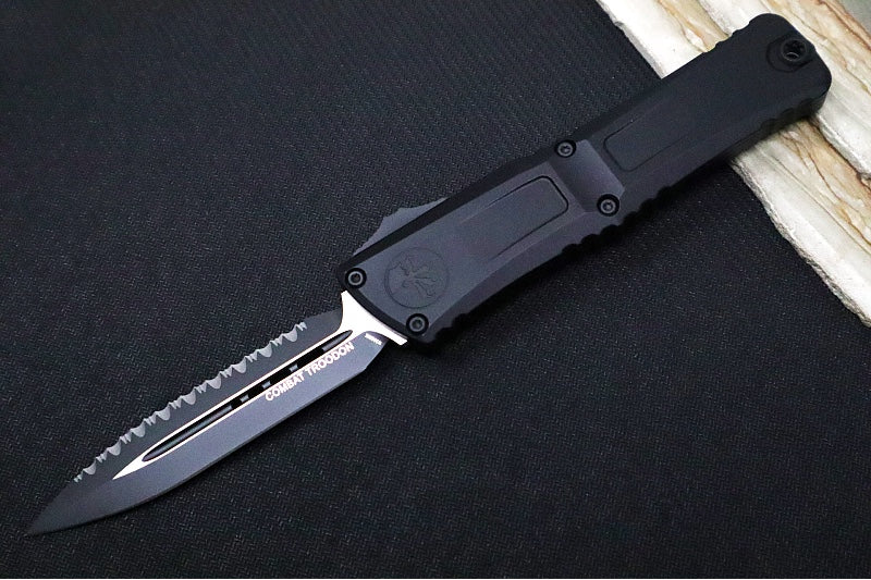 Microtech Combat Troodon OTF Gen III Tactical - Black Finish / Fully Serrated Dagger Blade / Black Anodized Aluminum Handle - 1142-3T
