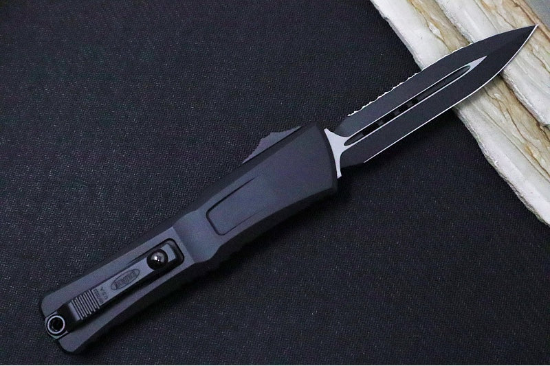 Microtech Combat Troodon OTF Gen III Tactical - Black Finish / Fully Serrated Dagger Blade / Black Anodized Aluminum Handle - 1142-3T