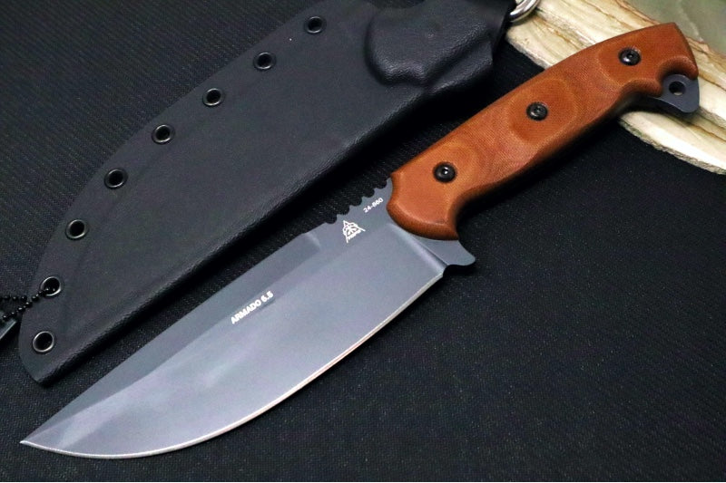 Tops Armado 6.5 - 1095 Steel / Sniper Grey Finish / Tan Canvas Micarta Handle / Black Kydex Sheath ARM-01