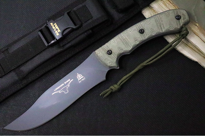 Tops Longhorn Bowie Sniper Grey with Rocky Mountain Tread - 1095 Steel / Rocky Mountain Tread Styled Handle in Black Canvas Micarta Handle / Black Ballistic Nylon Sheath LONGB-06