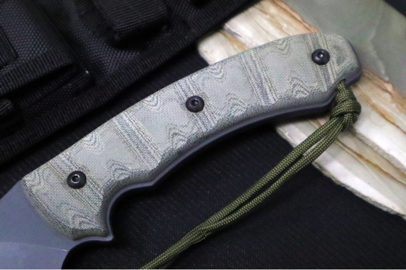 Tops Longhorn Bowie Sniper Grey with Rocky Mountain Tread - 1095 Steel / Rocky Mountain Tread Styled Handle in Black Canvas Micarta Handle / Black Ballistic Nylon Sheath LONGB-06