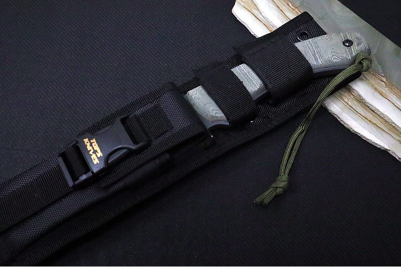 Tops Longhorn Bowie Sniper Grey with Rocky Mountain Tread - 1095 Steel / Rocky Mountain Tread Styled Handle in Black Canvas Micarta Handle / Black Ballistic Nylon Sheath LONGB-06