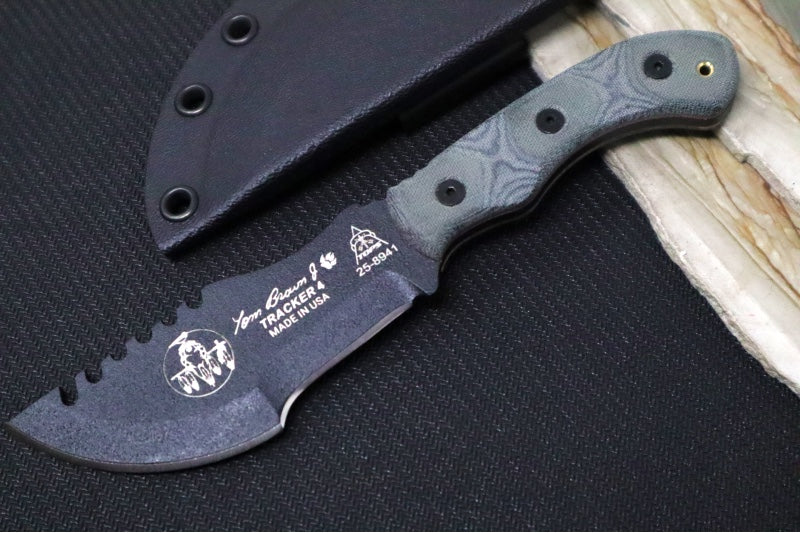 Tops Mini Tom Brown Tracker #4 - 1095 Steel / Black Linen Micarta Handle / Black Kydex Sheath TBT-040 - Northwest Knives