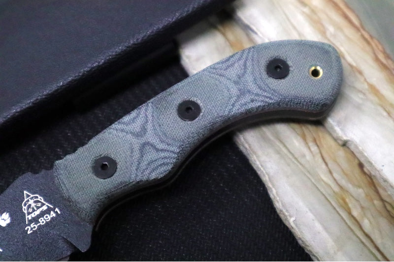 Tops Mini Tom Brown Tracker #4 - 1095 Steel / Black Linen Micarta Handle / Black Kydex Sheath TBT-040