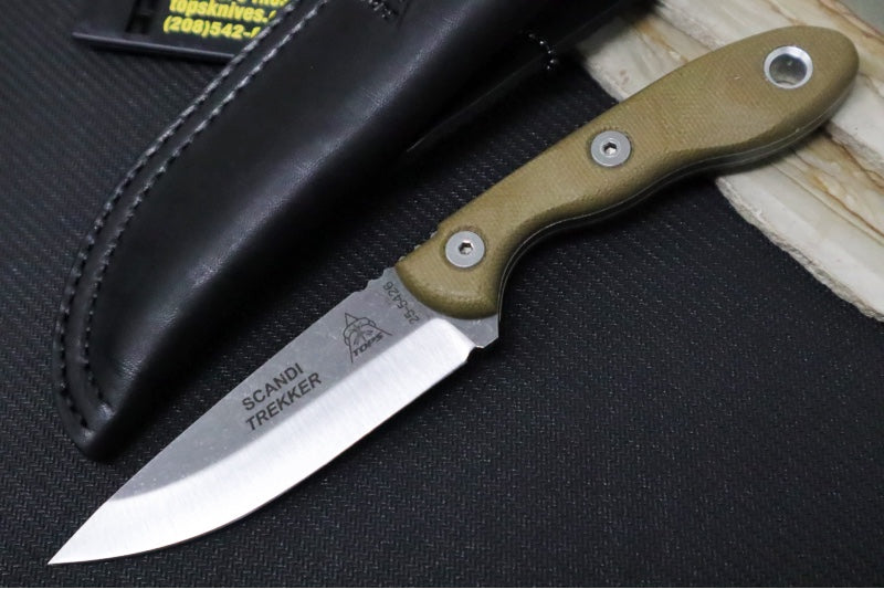 Tops Scandi Trekker - 1095 Steel / Green Canvas Micarta Handle / Black Leather Sheath STREK-3.5