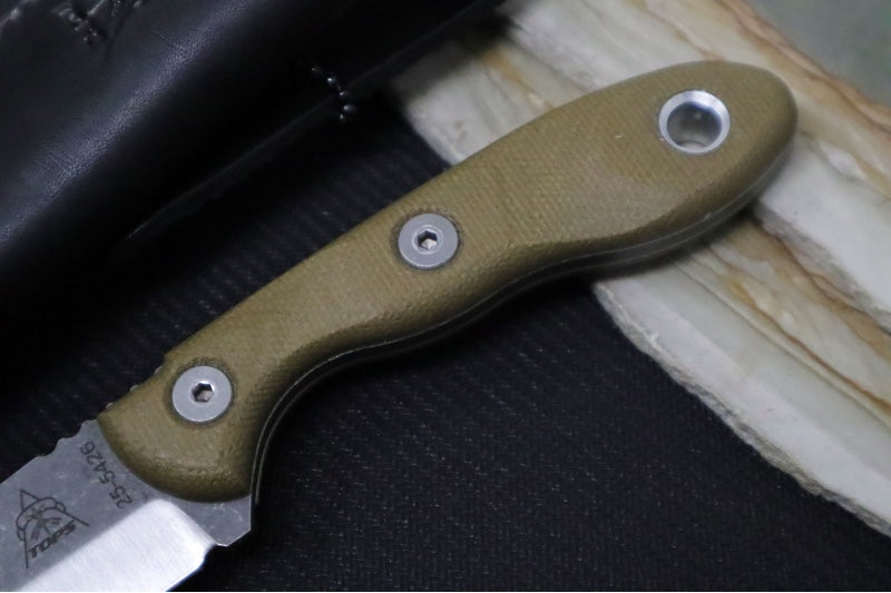 Tops Scandi Trekker - 1095 Steel / Green Canvas Micarta Handle / Black Leather Sheath STREK-3.5
