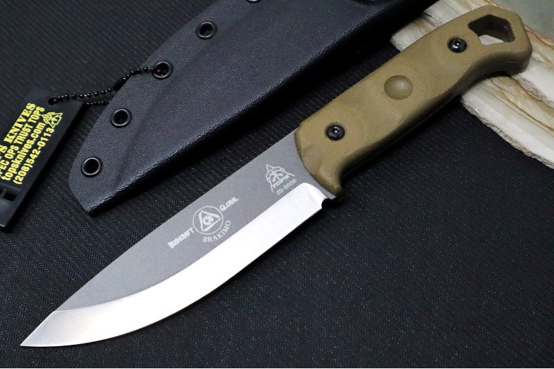 Tops Brakimo Fixed Blade - 1095 Steel / Green Canvas Micarta Handle / Black Kydex Sheath BRAK-02 - Northwest Knives