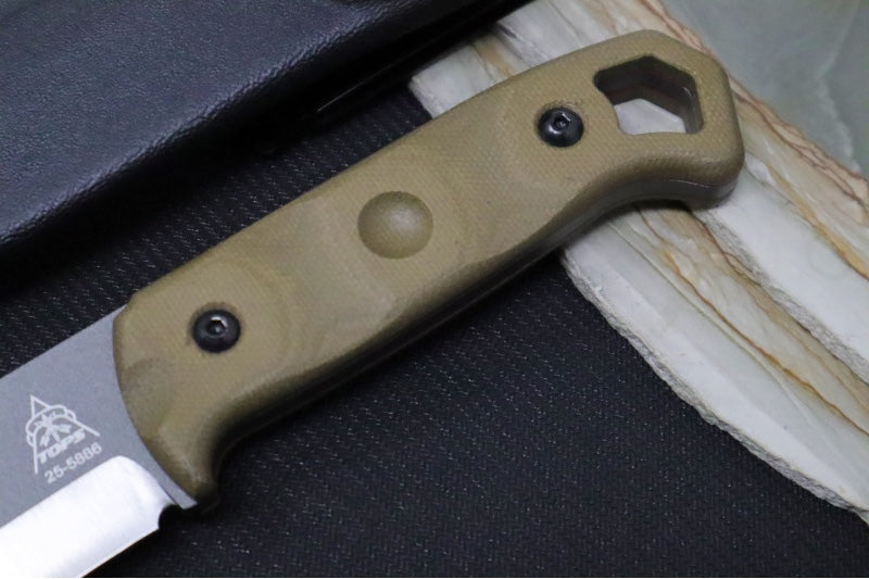 Tops Brakimo Fixed Blade - 1095 Steel / Green Canvas Micarta Handle / Black Kydex Sheath BRAK-02 - Northwest Knives