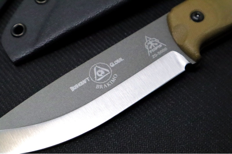 Tops Brakimo Fixed Blade - 1095 Steel / Green Canvas Micarta Handle / Black Kydex Sheath BRAK-02 - Northwest Knives