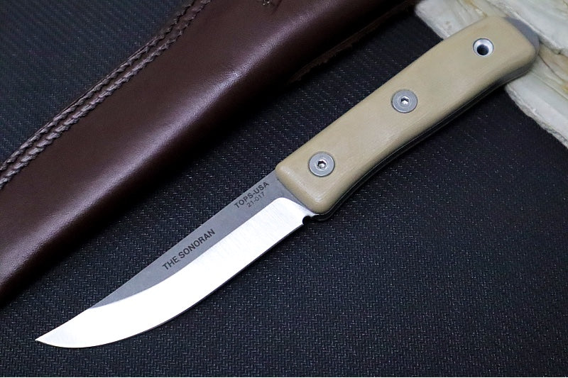 Tops Sonoran Fixed Blade - 1095 Steel / Tan G-10 Handle / Brown Leather Sheath TSNRN-01