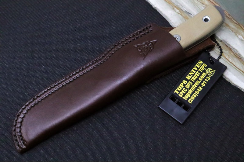 Tops Sonoran Fixed Blade - 1095 Steel / Tan G-10 Handle / Brown Leather Sheath TSNRN-01