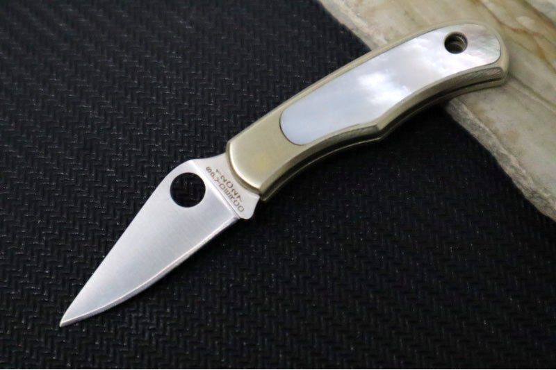 Spyderco Bug Micro Slipjoint - Bronzed Nickel Handle with Abalone Inlay / Leaf Shaped Blade / Sandvik 12C27 Steel / Satin Finish C133AP