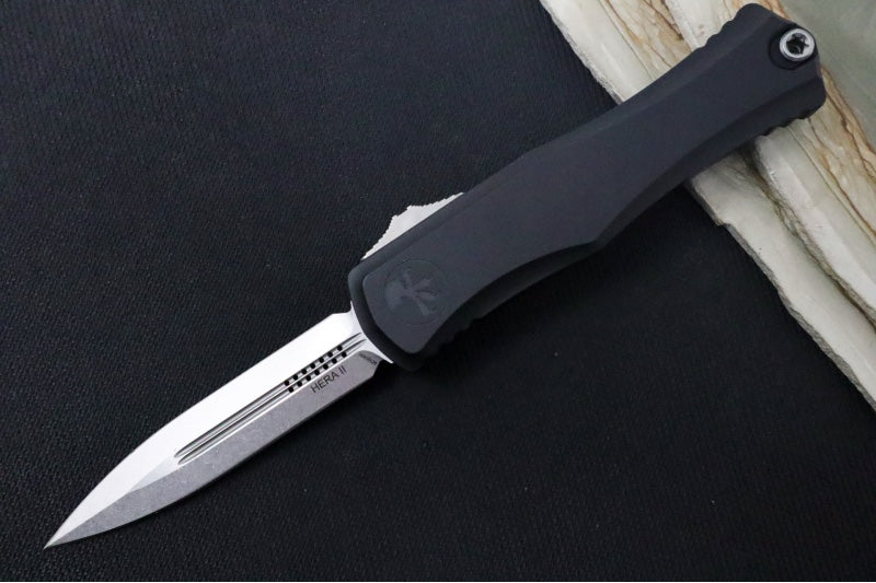 Microtech Hera II OTF - Double Edge / Stonewash Blade / Black Aluminum Handle 1702-10 - Northwest Knives