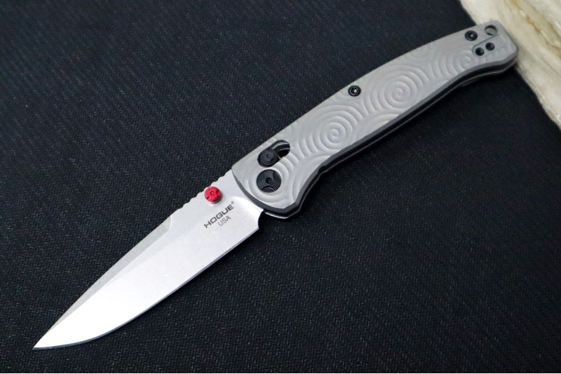 Hogue Knives Mysto - Stonewash Finish / Clip Point Blade / CPM-Magnacut Steel / Milled Patterned Titanium Handles & Red Accents / AXIS Lock 24491-LIM