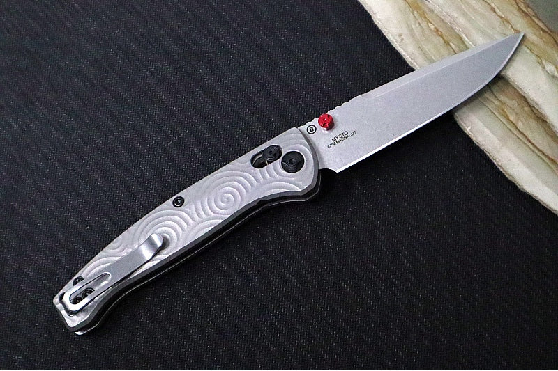 Hogue Knives Mysto - Stonewash Finish / Clip Point Blade / CPM-Magnacut Steel / Milled Patterned Titanium Handles & Red Accents / AXIS Lock 24491-LIM