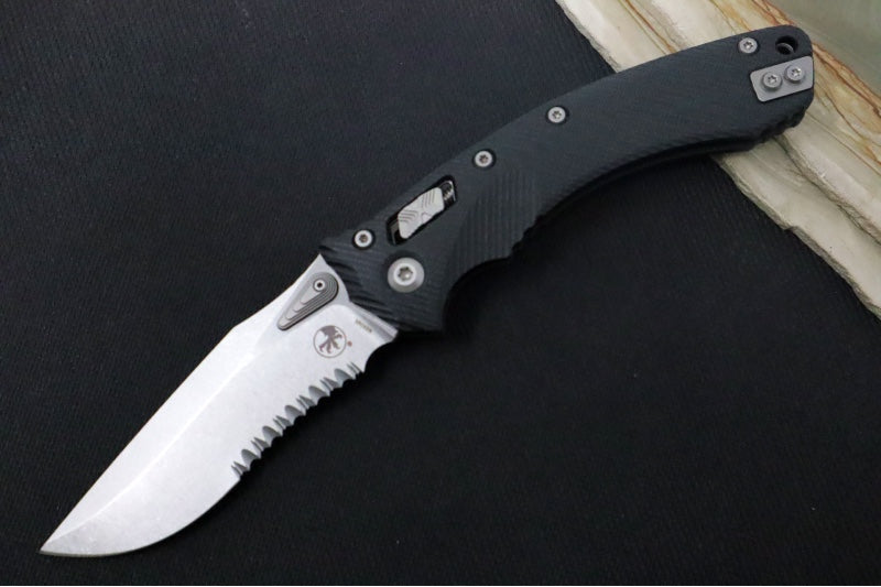 Microtech Amphibian Folder RAM-Lok - Drop Point with Partial Serrate / Fluted Black G-10 Handle 137RL-11FLGTBK - Northwest Knives
