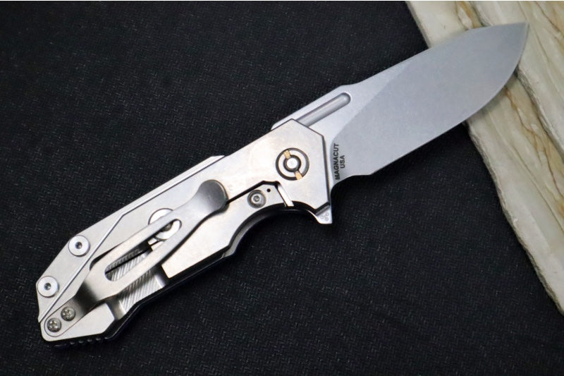 Rick Hinderer Knives Half Track - Slicer Blade / Stonewashed Frame / Blue G-10 / CPM-Magancut Steel