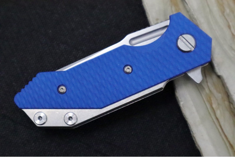 Rick Hinderer Knives Half Track - Slicer Blade / Stonewashed Frame / Blue G-10 / CPM-Magancut Steel