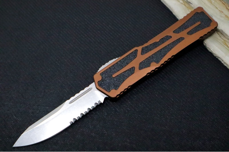 Garage Sale Heretic Knives Colossus OTF - Root Beer Brown Anodized Aluminum Handle / Partial Serrated Blade