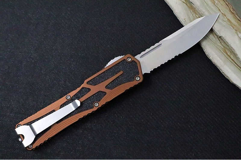 Garage Sale Heretic Knives Colossus OTF - Root Beer Brown Anodized Aluminum Handle / Partial Serrated Blade