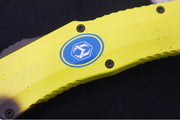Heretic Knives Stabana OTF - Yellow & Brown Anodized Aluminum Handle / Black DLC Finished Blade / Single Edge Hawkbill Style - Northwest Knives