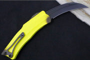 Heretic Knives Stabana OTF - Yellow & Brown Anodized Aluminum Handle / Black DLC Finished Blade / Single Edge Hawkbill Style - Northwest Knives
