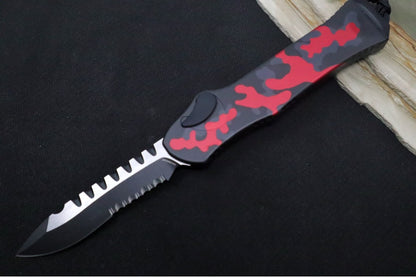 Heretic Knives Hydra Single Action OTF - Two-Toned Black Recurve Blade with Partial Serrate / CPM-Magnacut Steel / Red Camo Anodized Aluminum Handle H008-10B-RCAMO