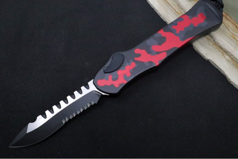 Heretic Knives Hydra Single Action OTF - Two-Toned Black Recurve Blade with Partial Serrate / CPM-Magnacut Steel / Red Camo Anodized Aluminum Handle H008-10B-RCAMO - Northwest Knives
