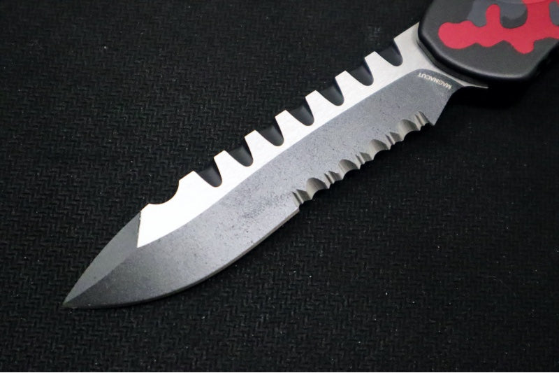 Heretic Knives Hydra Single Action OTF - Two-Toned Black Recurve Blade with Partial Serrate / CPM-Magnacut Steel / Red Camo Anodized Aluminum Handle H008-10B-RCAMO - Northwest Knives